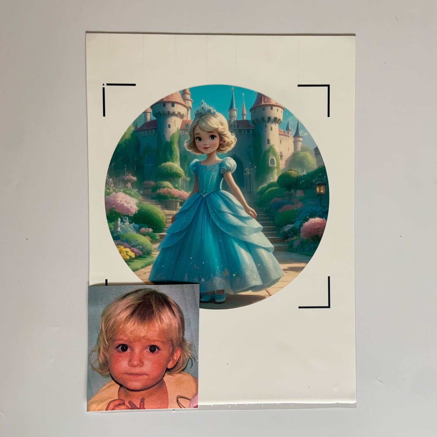 Custom face princess cake topper on white birthday cake