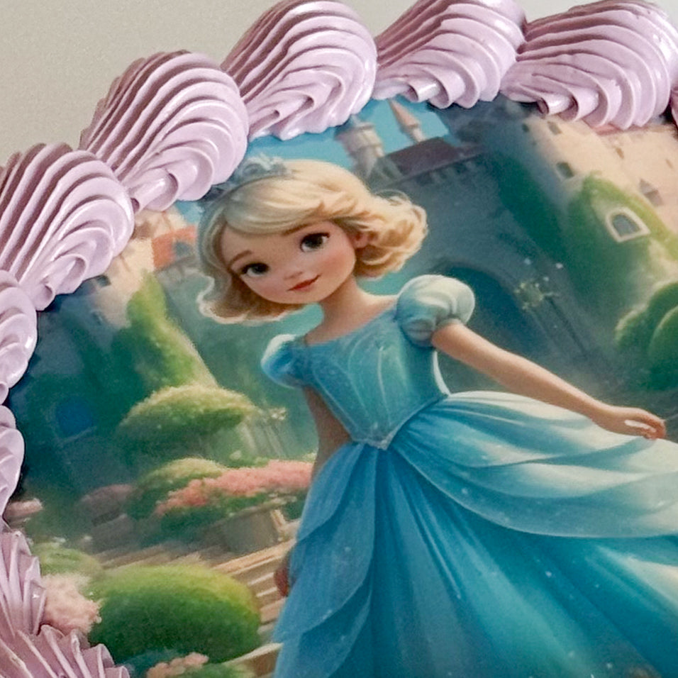 Close up of edible princess icing sheet with illustrated child's face