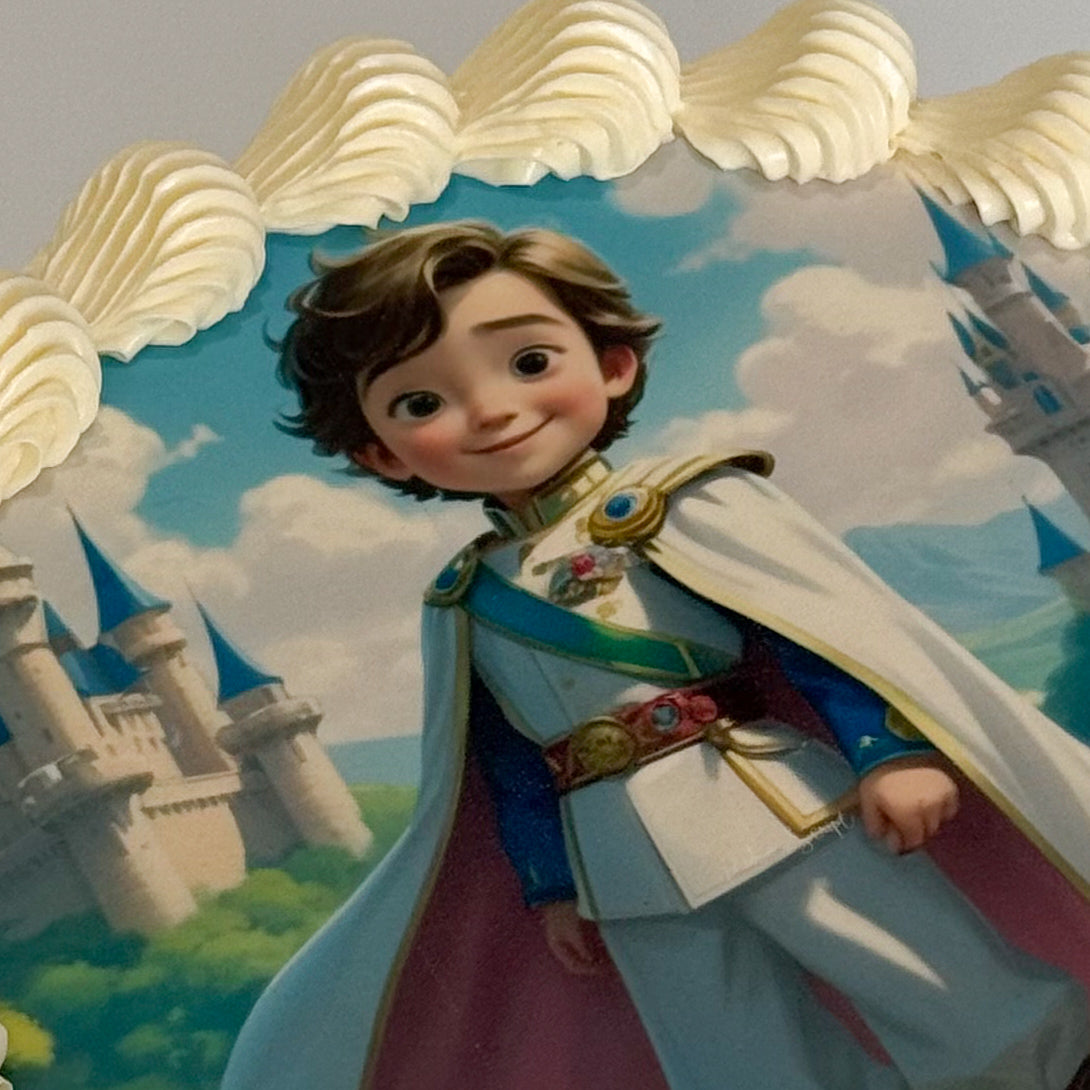 Custom storybook prince edible cake topper with child's face illustration