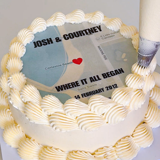 The Journey burn-away cake topper with two custom map locations